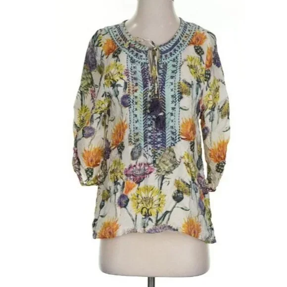 Tolani Floral Boho Tunic Top Womens Size Small Tassel Tie V Neck Sheer India - Picture 2 of 12